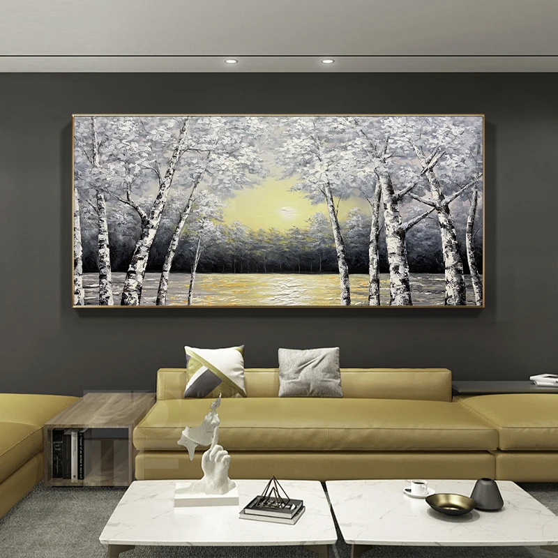 

Hand Painted 3D Abstract Grey White Birch Forest Oil Painting on Canvas Wall Hanging Art Bedroom Living Room Home Decor No Frame