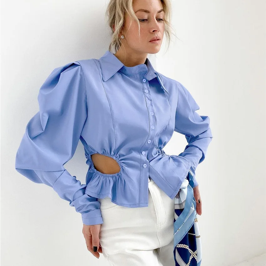 

Модные товары для девочек, топы неправильной формы, осень 2021, футболки с длинными рукавами и перфорацией на пуговицах, повседневная сексуал...