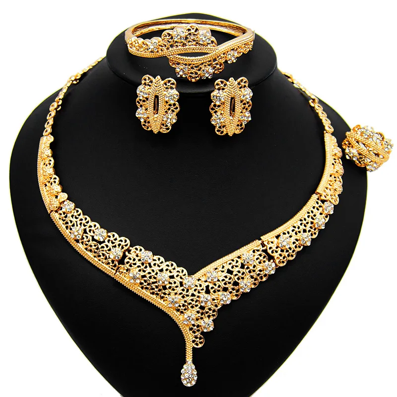 

Yulaili Classic Gold Color Necklace Earrings Charm Bracelet Ring for Women Engagement Party Wedding Jewelry Sets Free Shipping