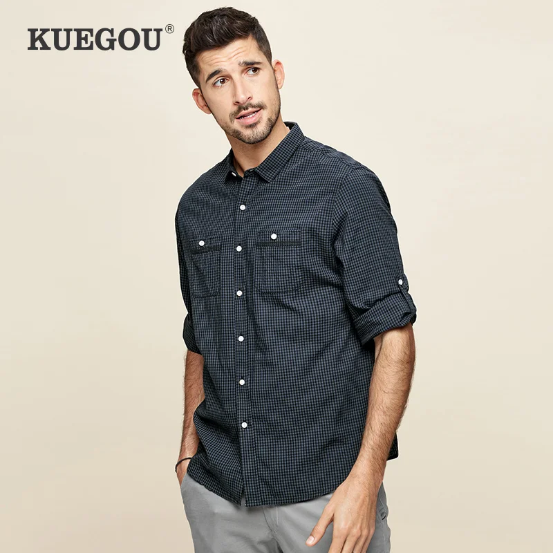 Мужская рубашка с коротким рукавом Kuegou черно белая в клетку до локтя 7 минут лето