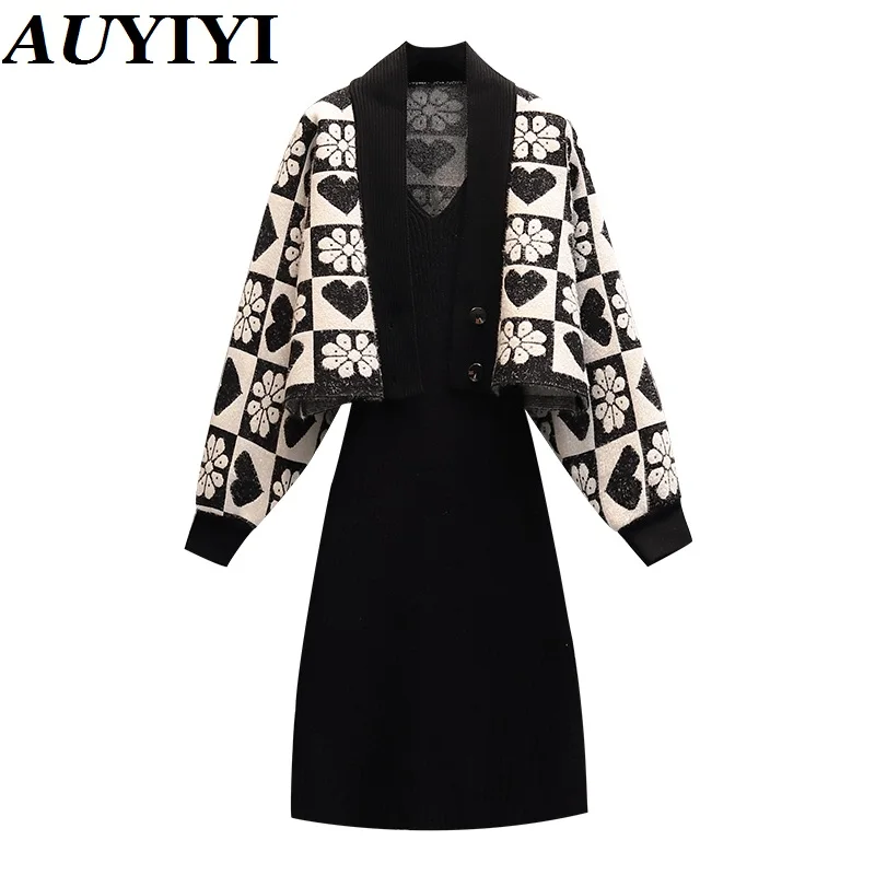 

AUYIYI Fashion Plus Size Women's 2022 Autumn And Winter New Elegant Knitted Sweater Jacket Temperament Thin Skirt Suit