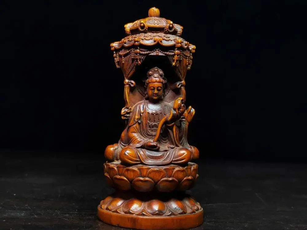 

wedding decoration Old Chinese Boxwood Wood Carved Three-faced Buddha statue Three Sacred Avalokitesvara Buddha Statues