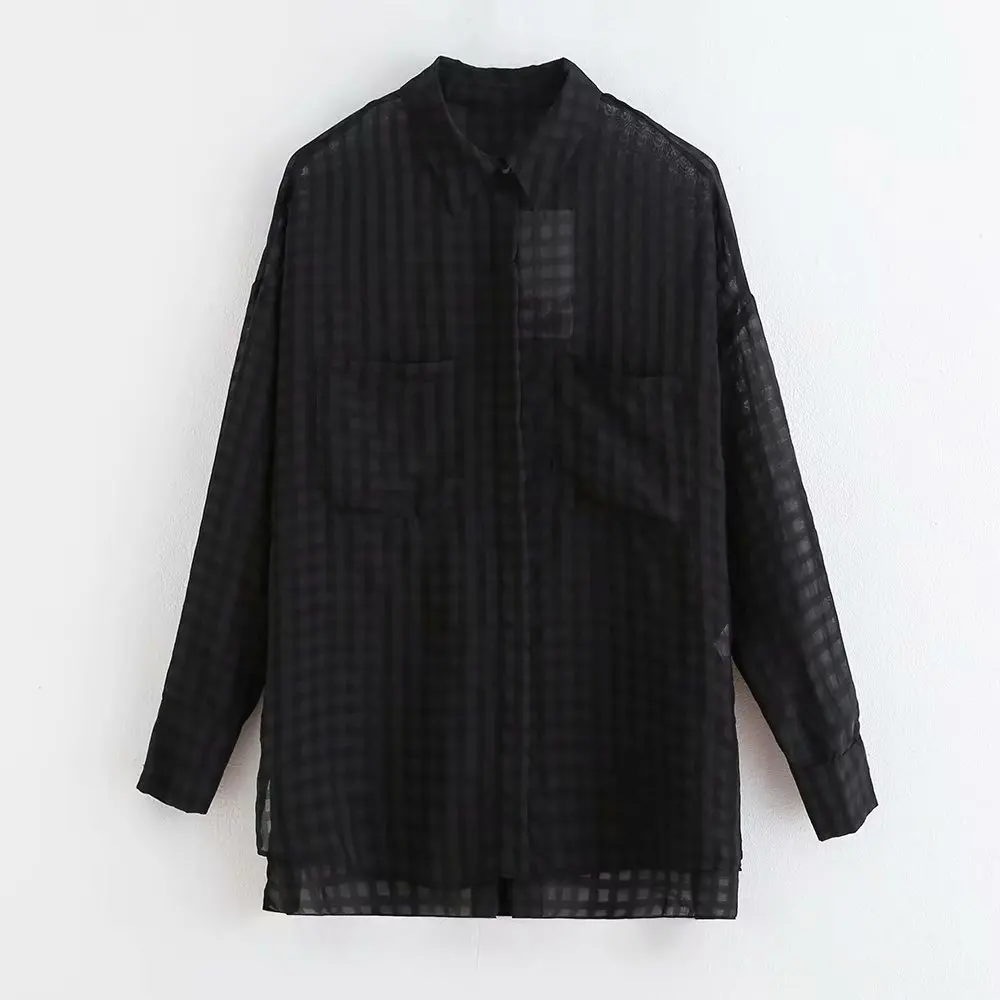 Новинка 2020 Женская винтажная блузка с двойными карманами Клетчатая принтом