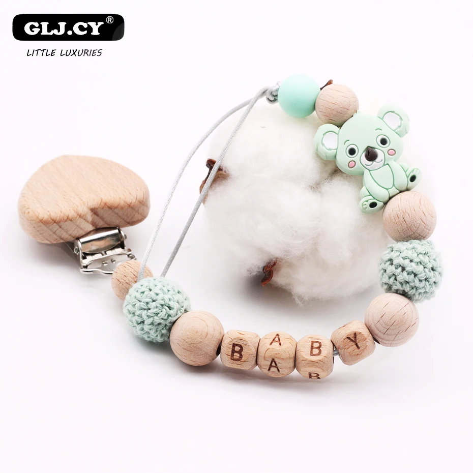 

Koala Baby Pacifier Clips Holder Silicone Pattern Wooden Personalized Name Baby Pacifier Chain BPA Free Child Holder Gift
