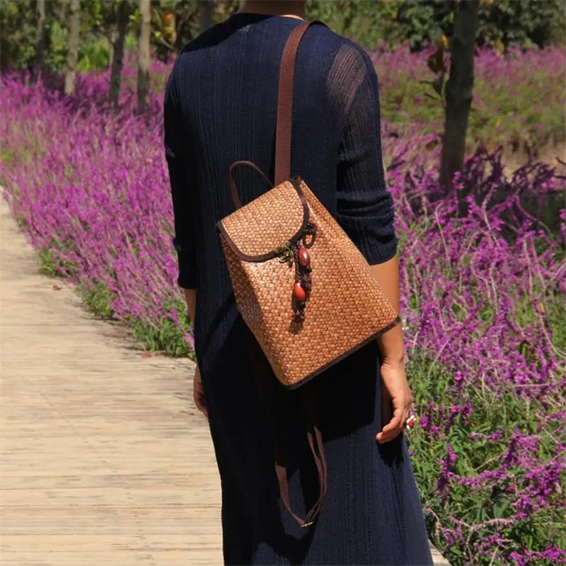 21x28CM Thailand Handmade Bamboo Woven Bag Decorative Bag Backpack Straw Bag New Original Bag Retro Backpack a6105