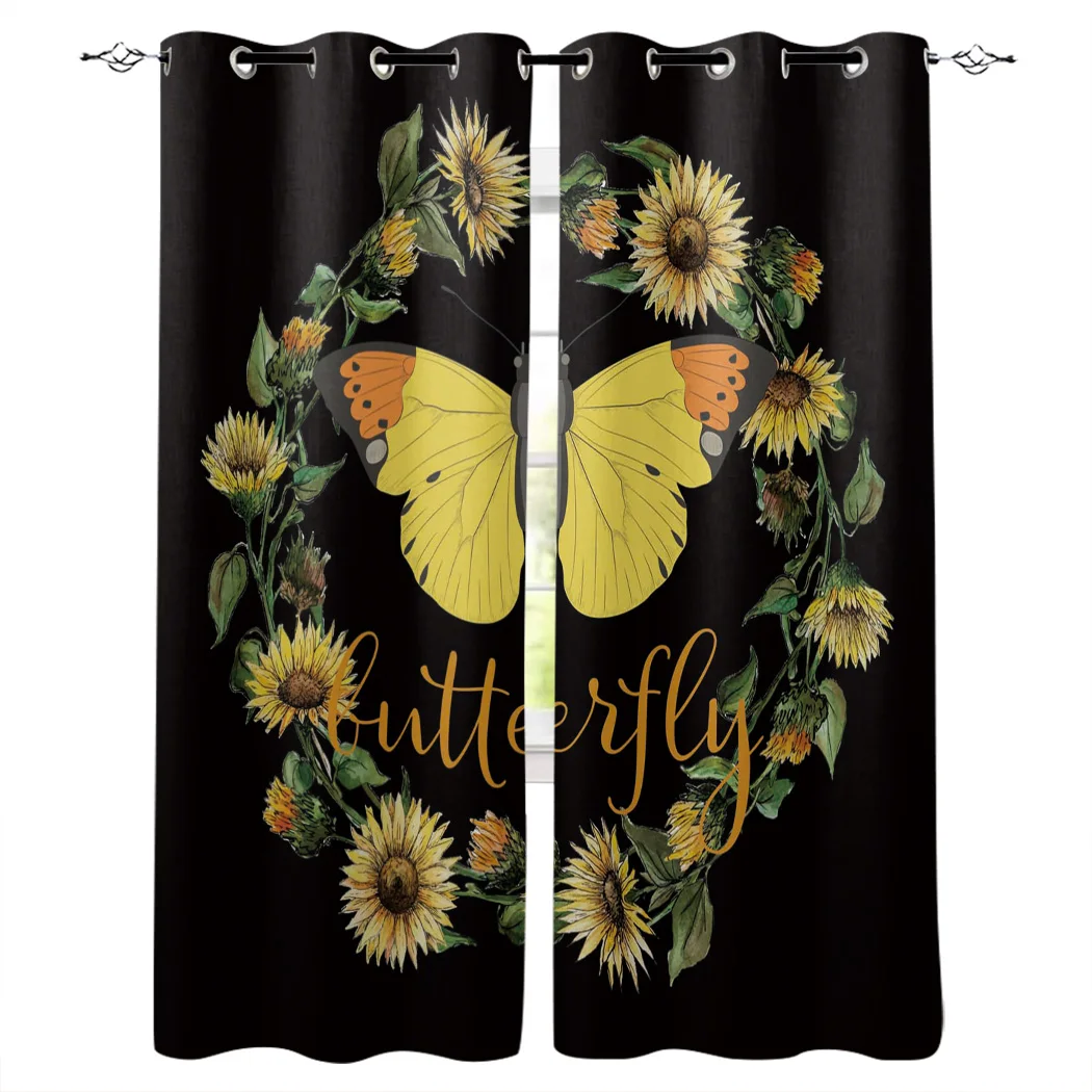 Butterfly Sunflower Wreath Curtains Kitchen Decor Items Window for Living Room Bedroom Curtain Panel | Дом и сад