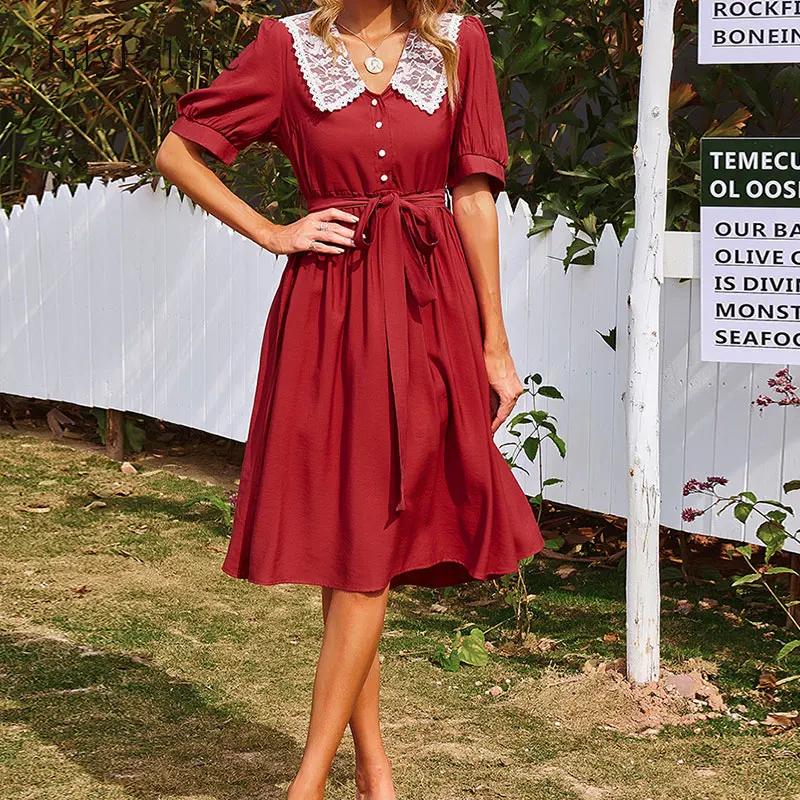 

Julypalette Elegant Short Sleeve Sumemr Women Dress 2021 Chic Lace Doll Collar Dress Cotton Sashes A-line Dress Female Vestidos