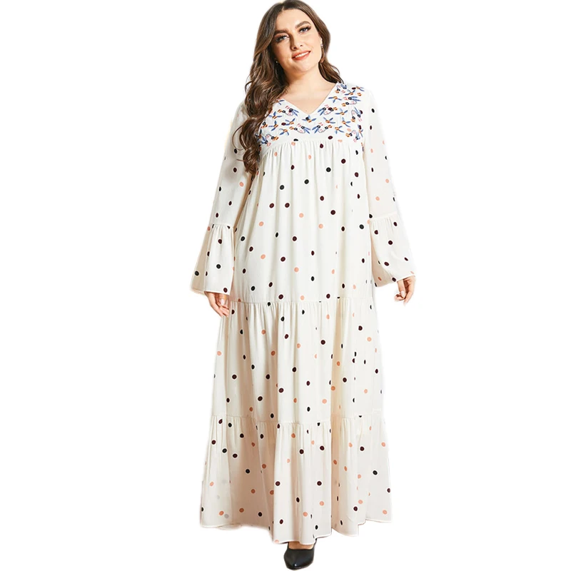 

В Богемном Стиле Мусульманских Женщин, длинное платье в горошек с вышивкой Абая арабских кафтан, Повседневный свитер с треугольным вырезом ...