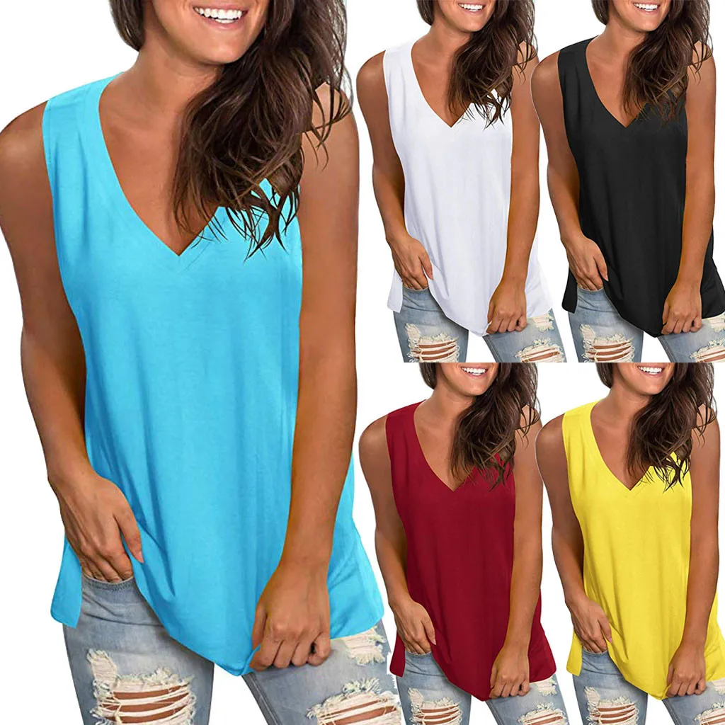 Женские одноцветные майки летние без рукавов с v образным вырезом Повседневная