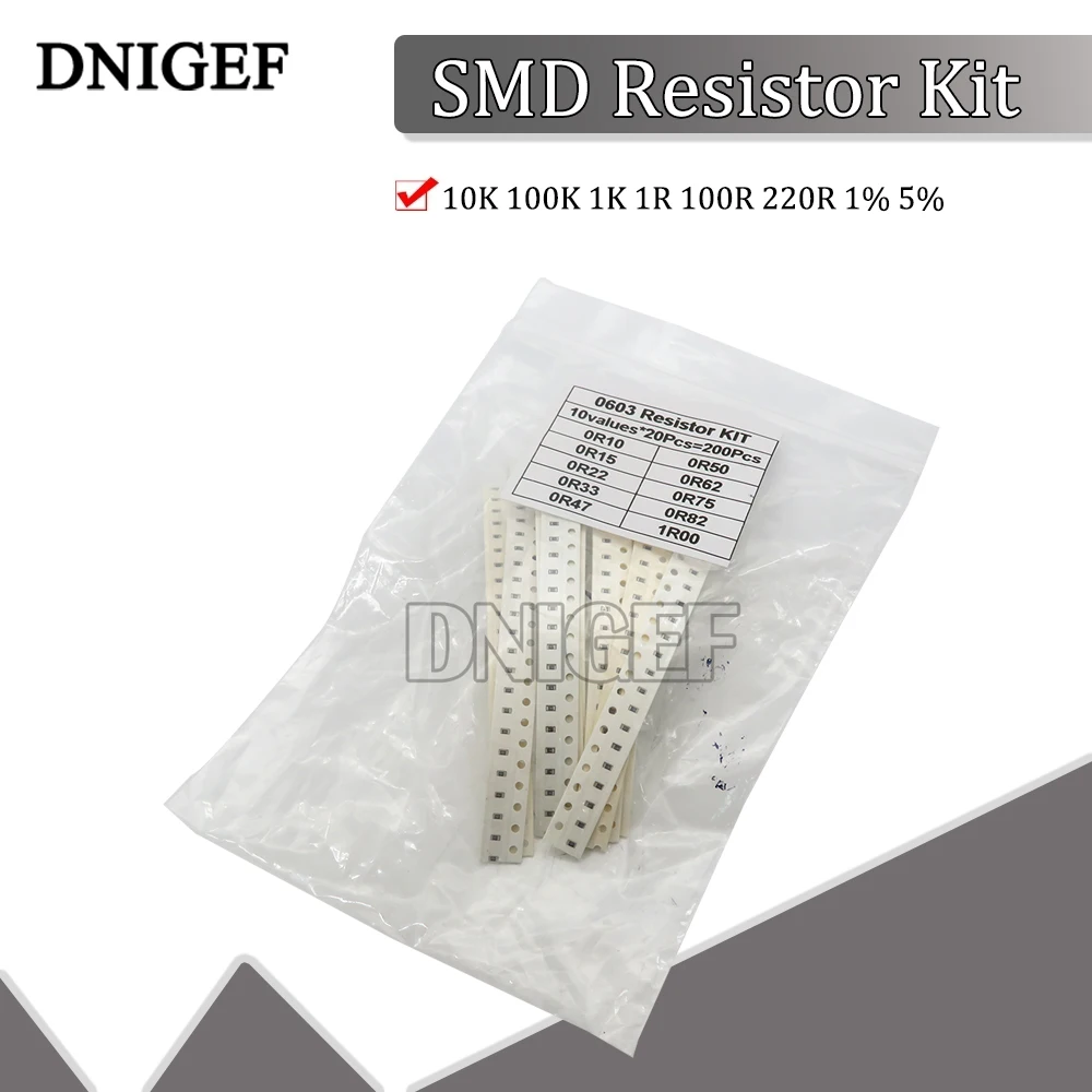 

Комплект резисторов SMD 200, 10 видов, igmopnrq, разные комплекты, 10K, 0603 K, 1K, 1R, 100R, 220R, 100, 1%, 5% шт.