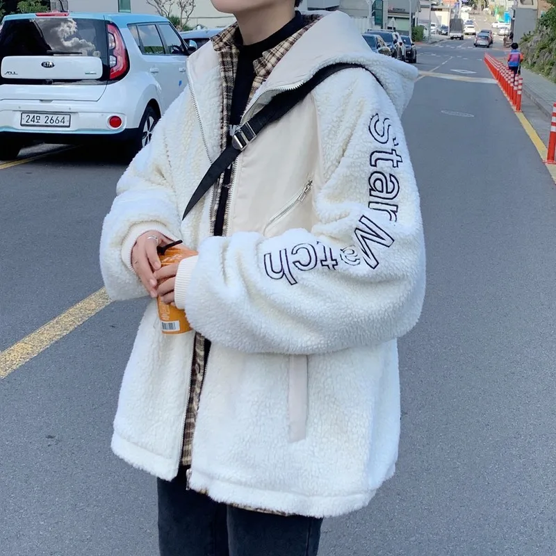 Lamb Wool Coat Male Trend Korean Couple Loose Cotton-padded Jacket Padded Jacket Plush Thick Men's Padded Jacket