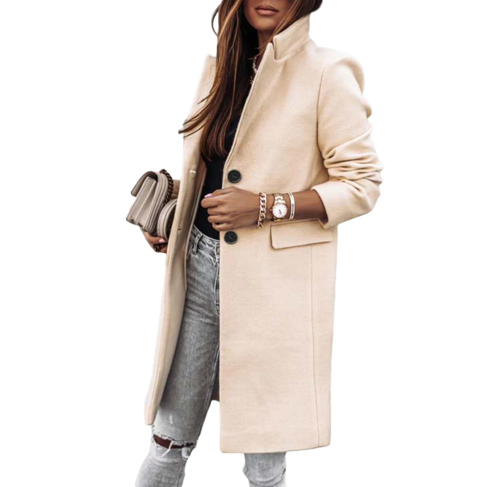 

Женское однотонное пальто, шерстяное пальто с длинным рукавом и воротником-стойкой, цвета хаки/серый/черный/светло-белый