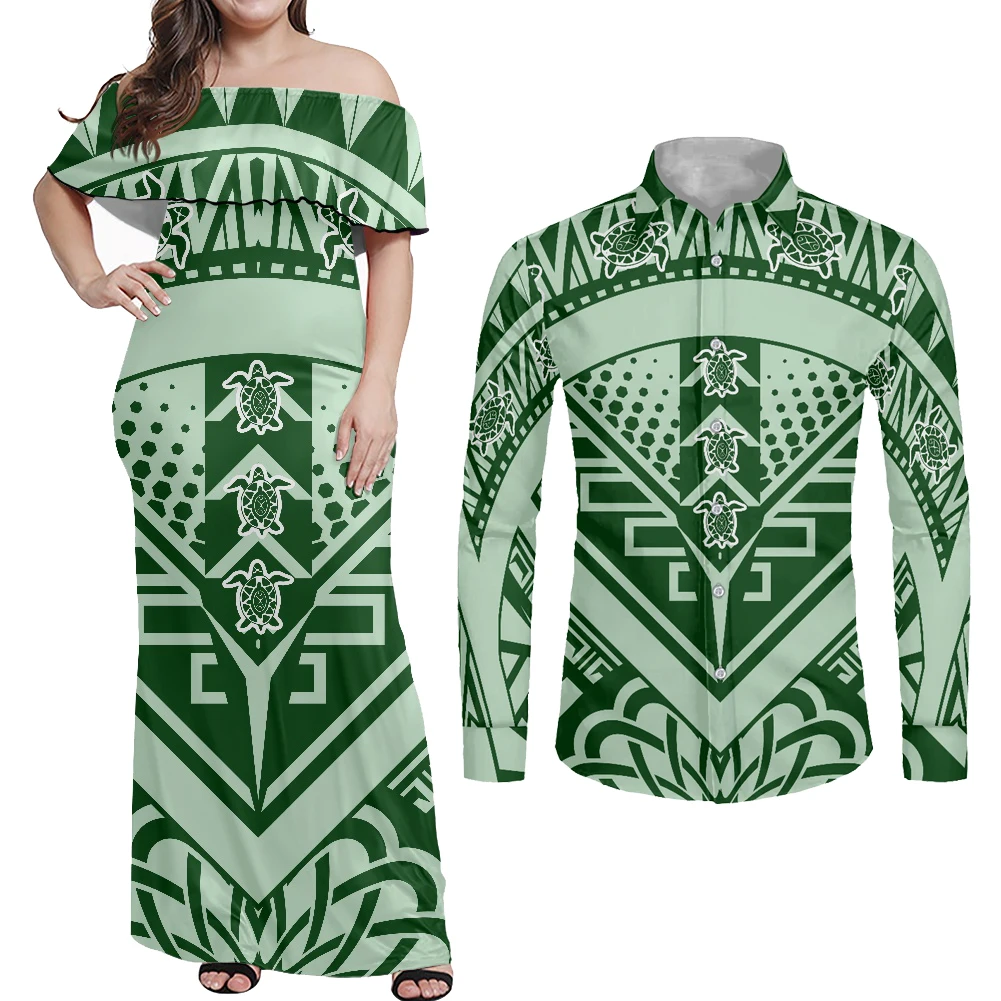 

HYCOOL Wholesale Items For Business Bodycon Off The Shoulder Green Dress Fashion 6xl Traditional Polynesia Tribal Couple Clothes