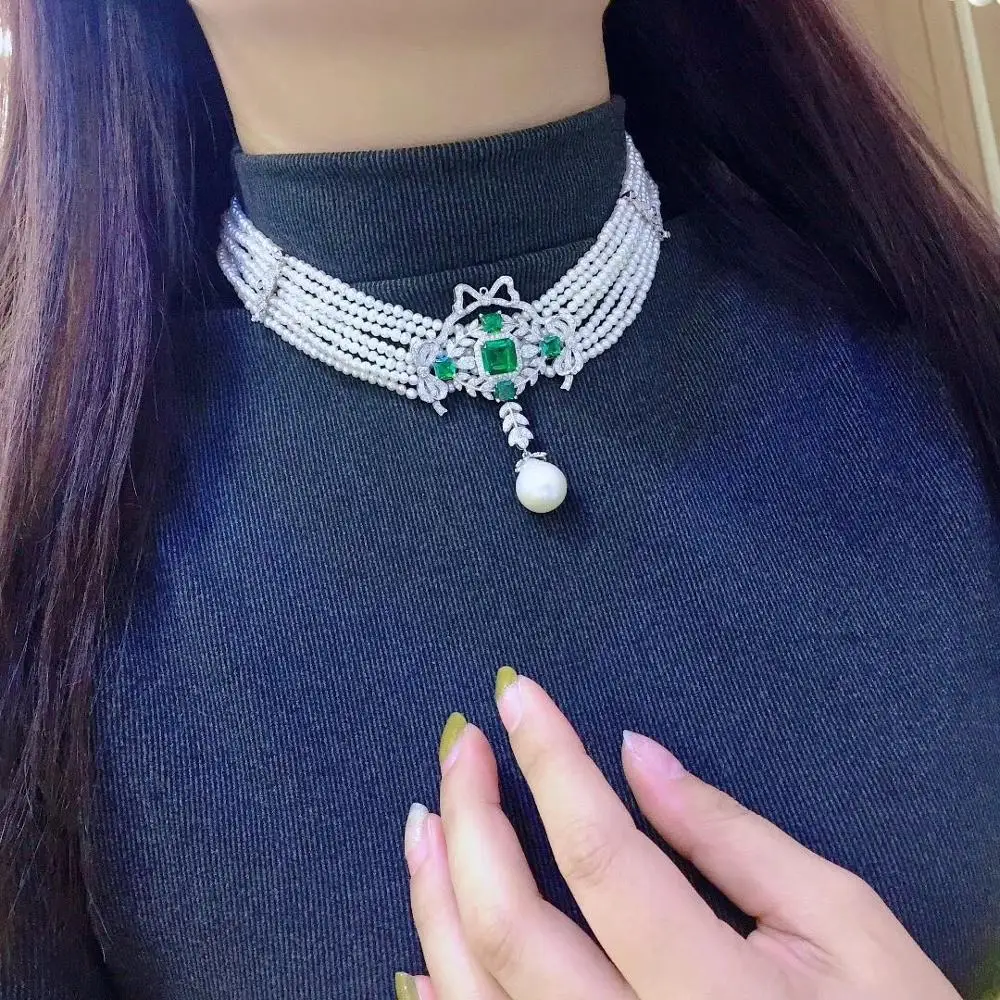 ?? 天然淡水真珠のネックレスマルチレイヤ 925 スターリングシルバー立方ジルコン緑色ファイン女性ジュエリー