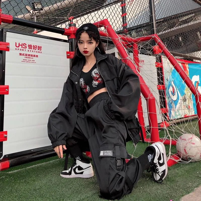 Мода Harajuku женские брюки-карго черный Высокая Талия Pantalon бомбер Femme Street Штаны Для женщин s Хай-стрит и детей постарше мягкие тренировочные Штаны