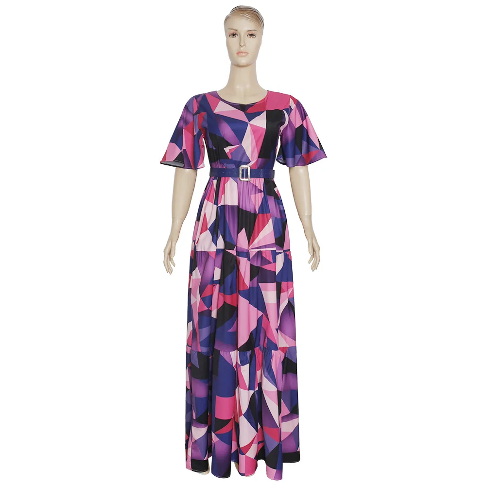 2021 Spring Summer Women's Dress African Print Boho Long Dresses Muslim dresses  Elegant Short Sleeve Chiffon Robe With belt