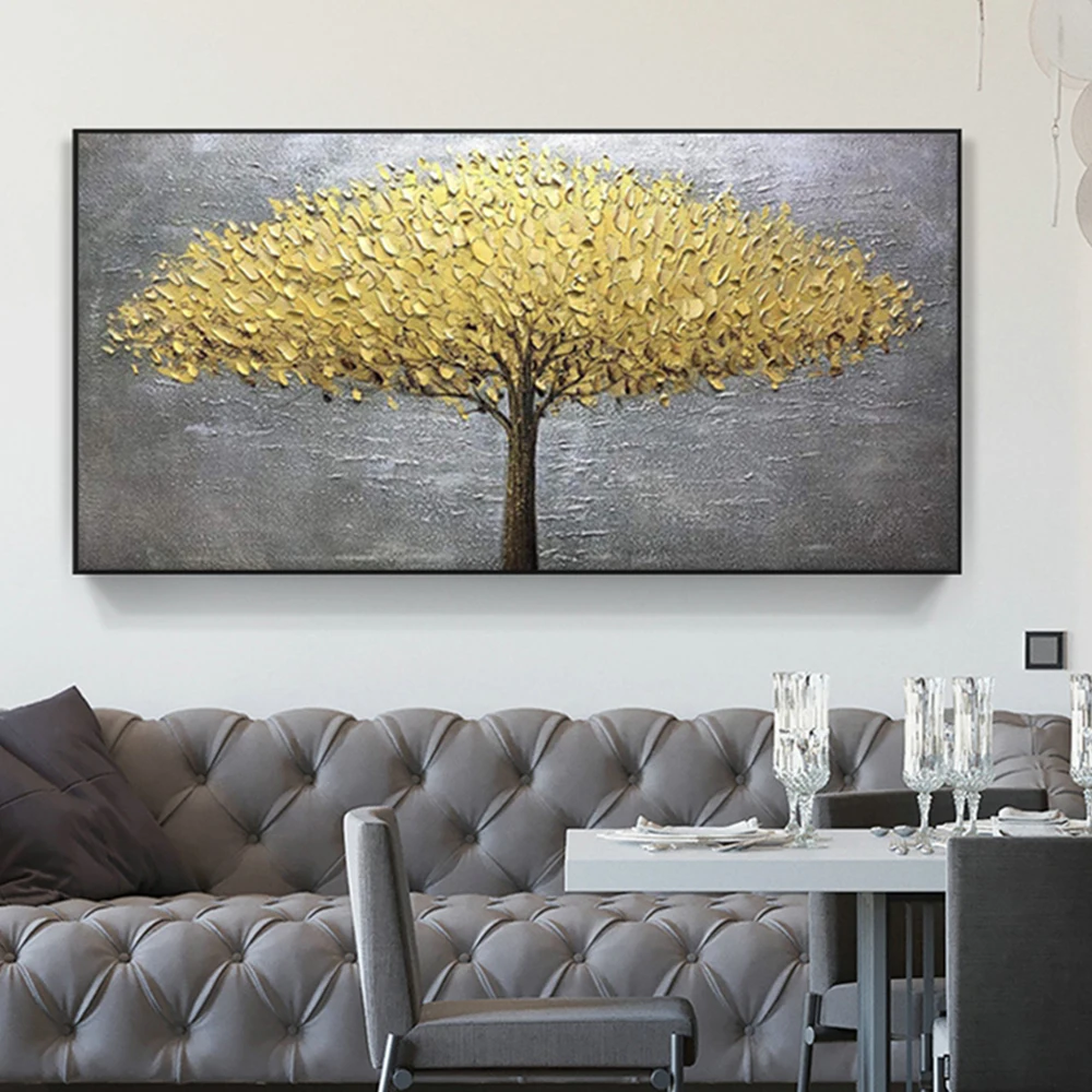 

100%Hand Painted Knife Gold Tree Oil Painting On Canvas Large Palette 3D Paintings For Living Room Handmade Abstract Wall Art