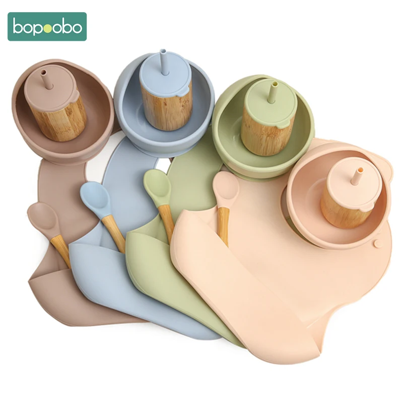 Bopoobo-taza de bamb&uacute; de paja, taz&oacute;n de silicona, babero ajustable impermeable, toalla de Saliva, libre de BPA cuchara de madera, suministros de alimentaci&oacute;n para reci&eacute;n nacidos-0