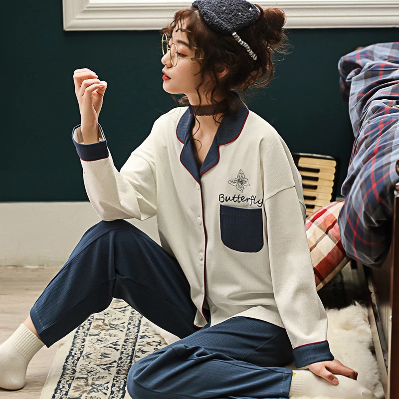 Пижама для женщин хлопковая Осенняя зимняя пижама с длинными рукавами женский