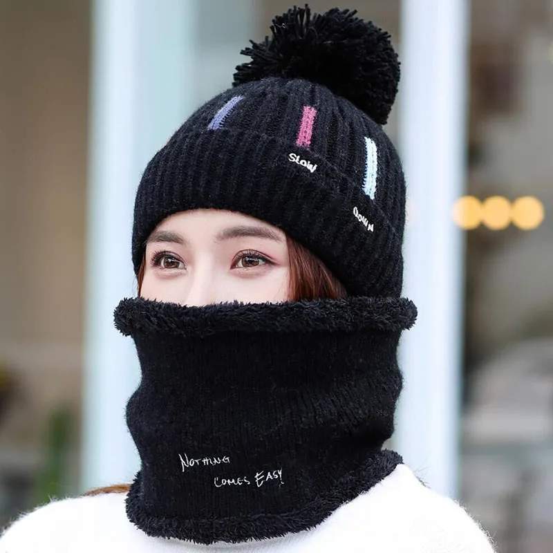 Knitted Hat With Scarf Collars SUOGRY Sets For Women Winter Ladies Hat& Scarf With Pompom Thick Two Piece Keep Snow Warm Set