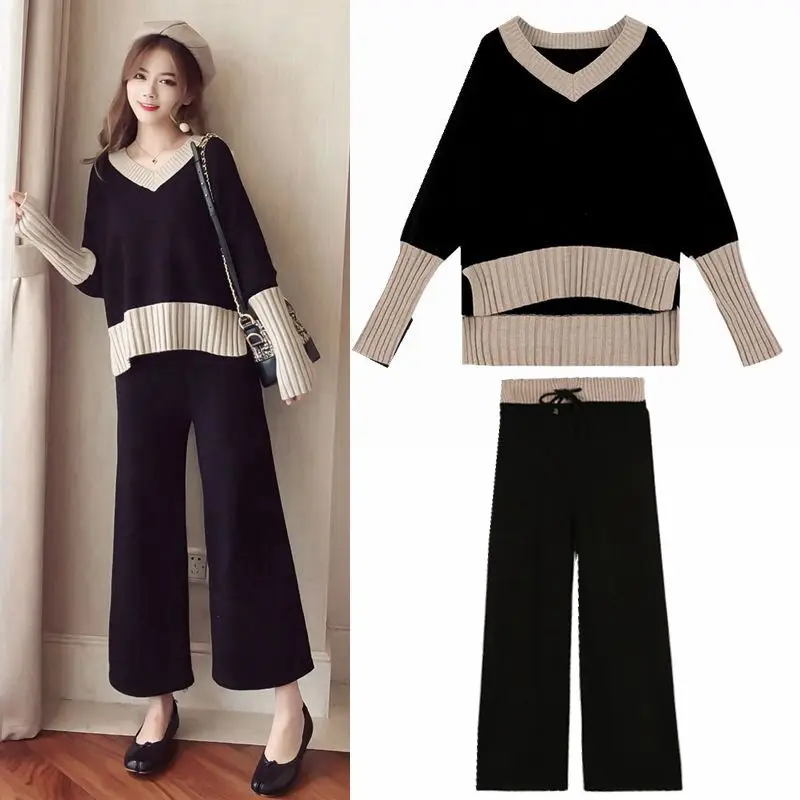 

fashion knitting coat wide-legged pants goddess brim two suits Suit female temperament of autumn outfit new web celebrity