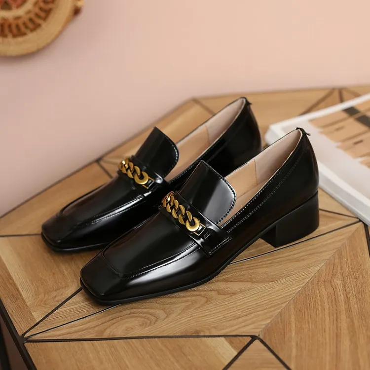 

MLJUESE 2021 Women Pumps Soft Cow leather Autumn Spring Chains Black Color Metal Decoration Square toe high heels pumps Size 40