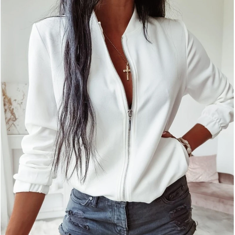 

Mandylandy White Solid Color Jackets Women Long Sleeve Basic Casual Jacket Coat Summer White Short Jackets Zipper Baseball Coats