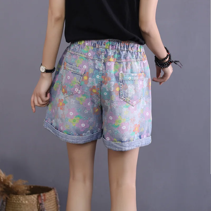 Женские джинсовые шорты с цветочным принтом повседневные свободные эластичные