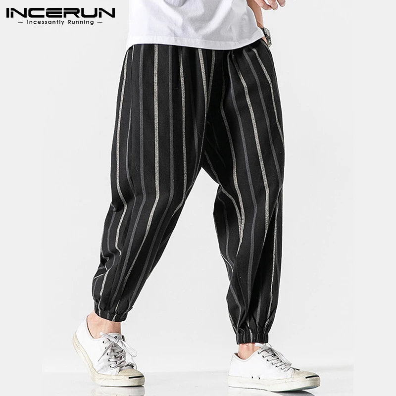 

2021 Men Trousers Striped Joggers Elastic Waist Vintage Cotton Loose Casual Harem Pants Men Streetwear Long Pants S-5XL INCERUN