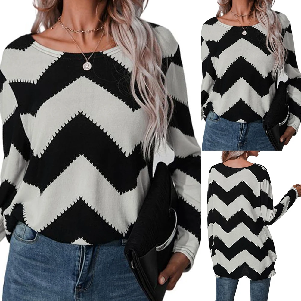

Wave Stripe Shirts Top Long Sleeve O Neck Woman Patchwork Shirts Contrast Shirts Fashion Summer Spring Loose Top Blouse