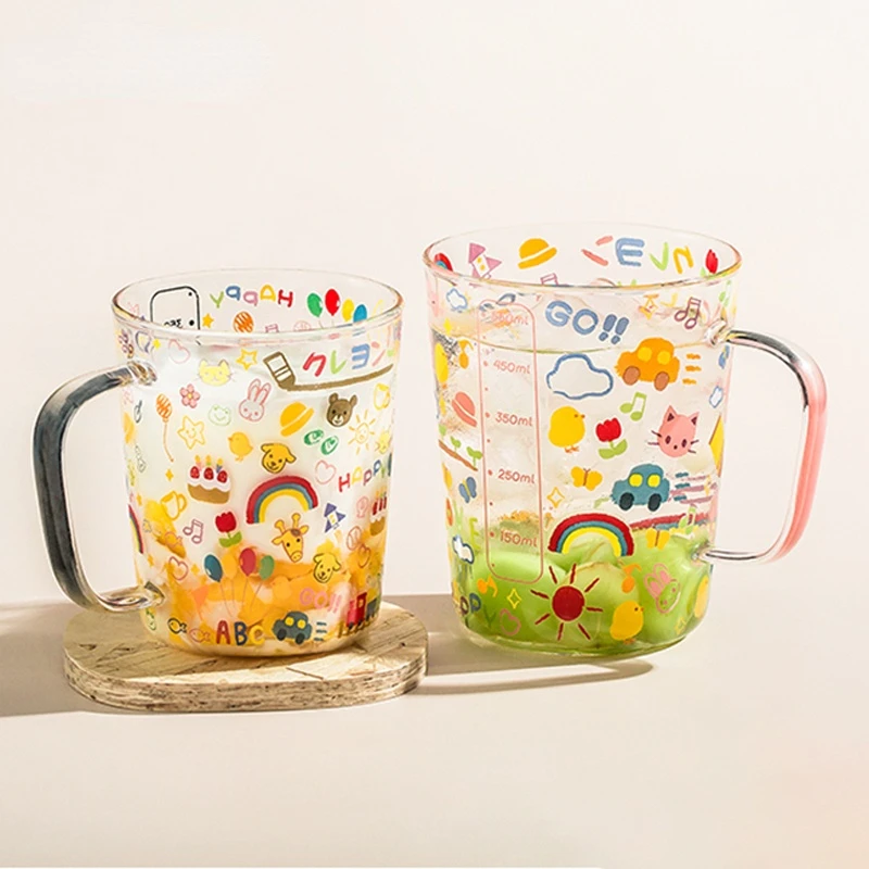

400/600ml Scale Glass Mug Breakfast Mlik Coffe Cup Household Couple Water Cup Cartoon Pattern Drinkware Tool