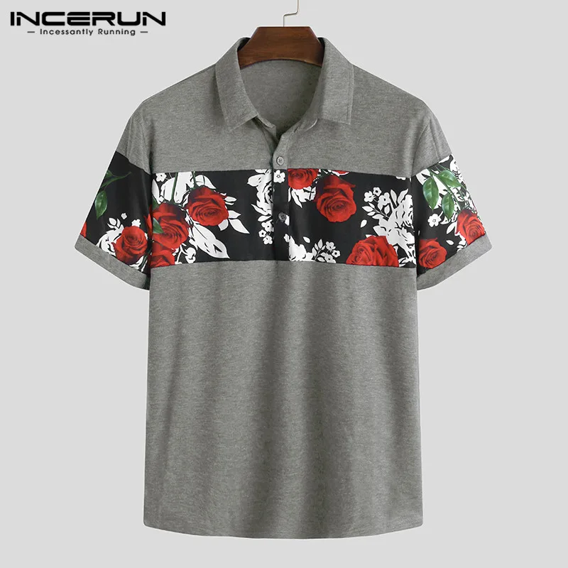 

INCERUN Summer Fashion Shirt Men 2021 Flower Print Patchwork Slim Casual Tops Streetwear Short Sleeve Turn-down Collar Camisa