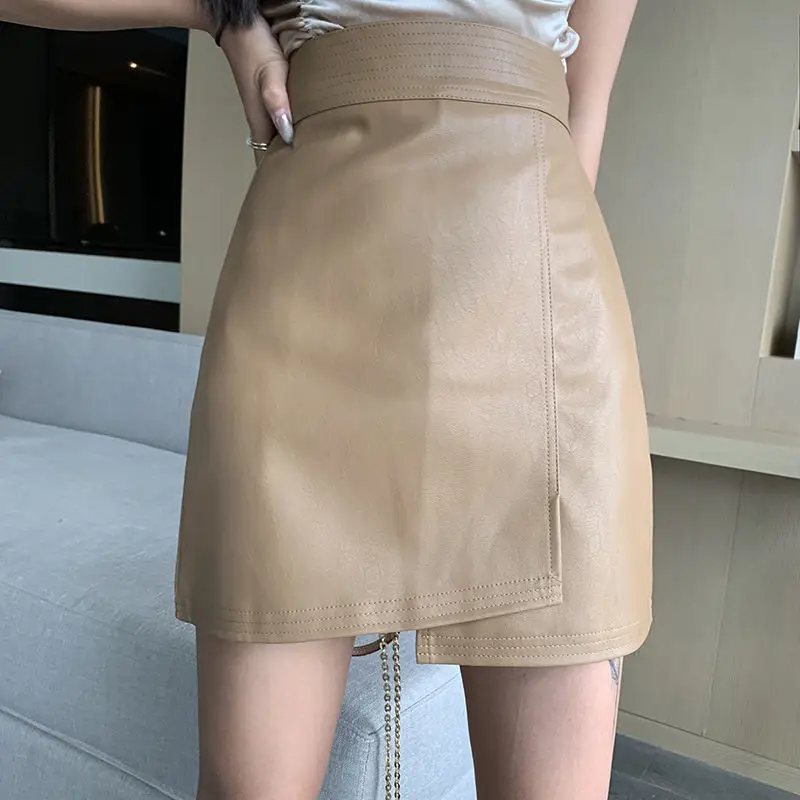 

8 Colors Skirt PU Leather Irregular Skirt 2021 Summer Female A- line High Waist Woman Skirts Mujer Faldas Saias Mulher