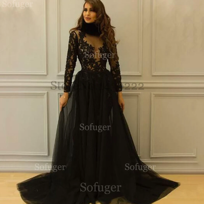 

Black Muslim Evening Dresses Long Sleeves Appliques Saudi Arabic Special Occasion Evening Formal Party Gown Dresses