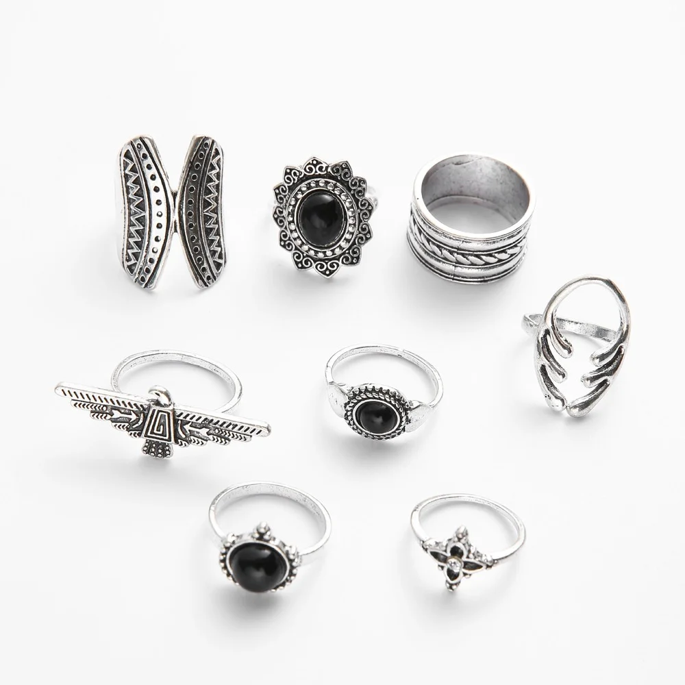 

8 Pcs/set Korean Fashion Personality Black Gem Eagle Butterfly Irregular Ring For Women 2021 Trend Grunge Jewelry Ring Wholesale