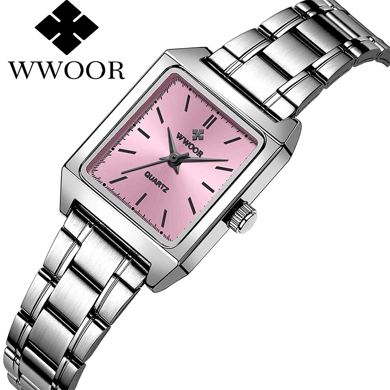 

WWOOR Women Watch Top Brand Luxury Square Small Quartz Wristwatch Rectangular Silver Pink Face Stainless Steel Ladies WristWatch