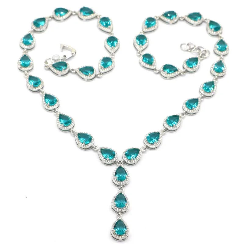 

40x9mm New Arrival Created Rich Blue Aquamarine CZ Ladies Party Silver Necklaces 17.5-19inch
