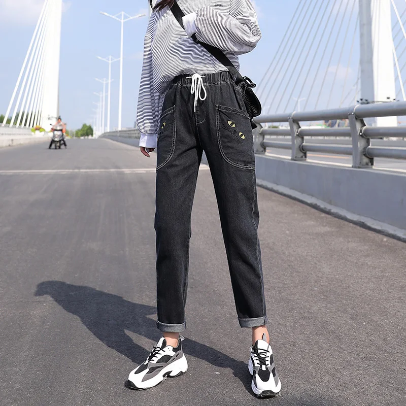 

Autumn Pluse Size Big Pockets High Waist Loose Black Haren Jeans for Women