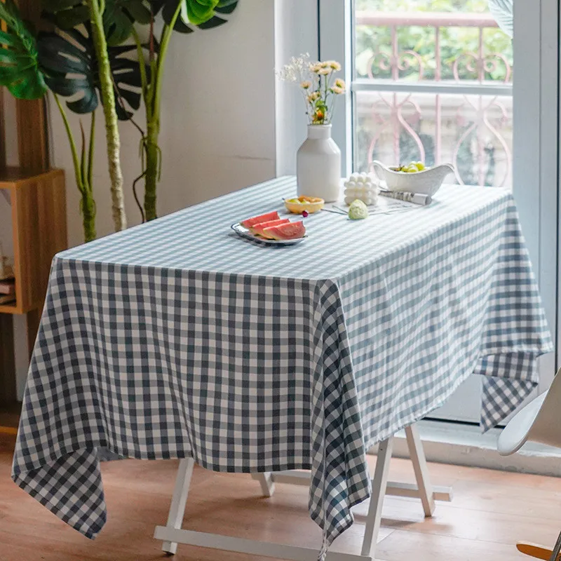 

Fashion Small Grid Design Solid Decorative Linen Tablecloth With Tassels Rectangular Wedding Dining Table Cover Tea Table Cloth