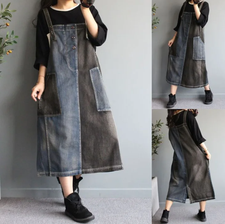 Spring Denim Skirts Women Patchwork Pockets Buttons Loose Fashion Female Casual A-Line Mid-Calf Length Braces Skirt Wild | Женская