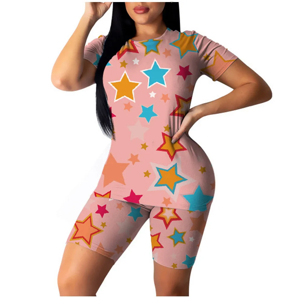 

Летние женские комплекты из двух предметов, футболка с короткими рукавами и принтом звезды, байкерские шорты, удобные дышащие спортивные ко...