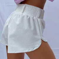 new terry towelling shorts women white elastic high waist wide leg shorts ladies sexy side split casual beach shorts summer
