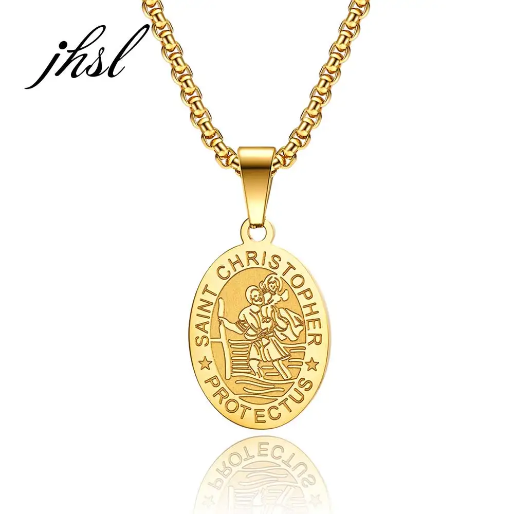 

JHSL Men Necklaces Oval Pendants Classic Saint Christopher Jesus Male Boy Fashion Jewelry Stainless Steel Chain Christmas Gift