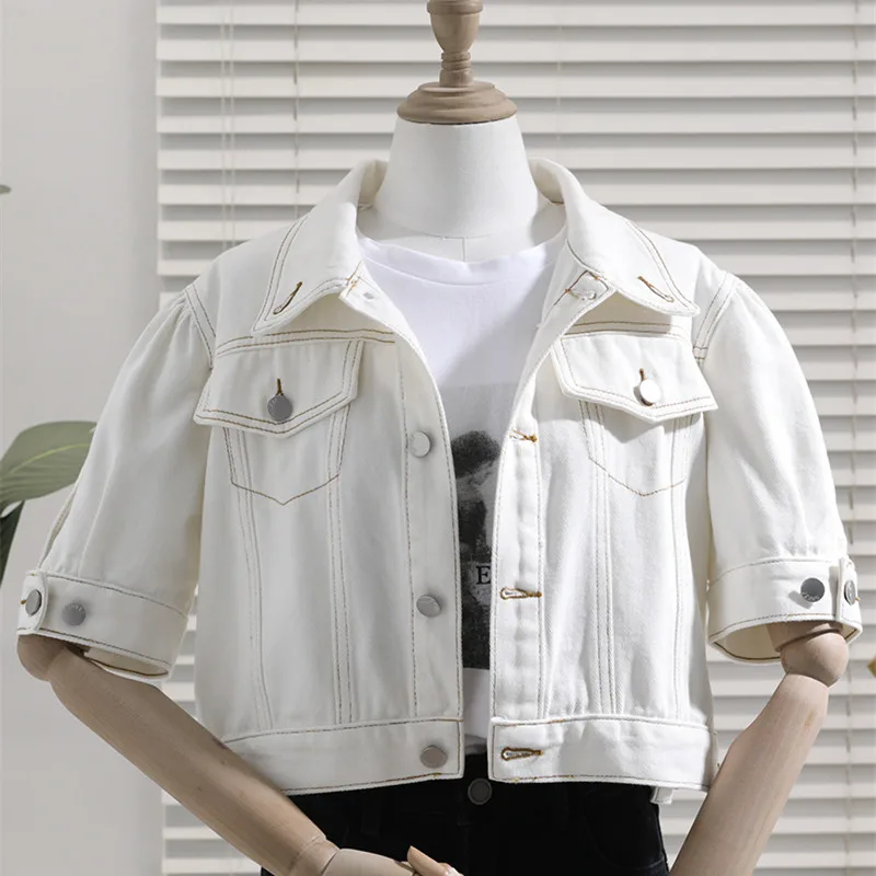 

Женская джинсовая куртка с коротким рукавом, Свободная Повседневная джинсовая куртка с отложным воротником в Корейском стиле, модель H1556 на...