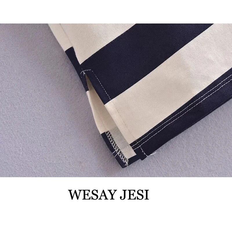 

WESAY JESI Za T-Shirt Women Fashion 2021 Balck White Stripe Vintage Long Sleeve Casual Loose Lapel T shirt Female Chic Tops