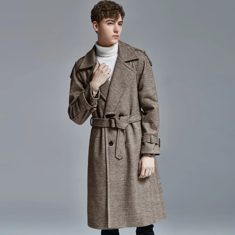 

Качественное зимнее мужское Модное теплое плотное длинное шерстяное пальто свободного кроя, повседневное шерстяное пальто-Тренч выше коле...