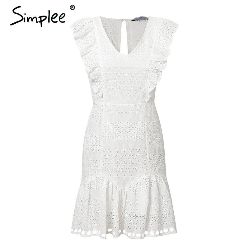 Simplee Elegant cotton embroidery women summer dress Ruffled high waist korean white Vintage sexy v-neck party mini | Женская одежда