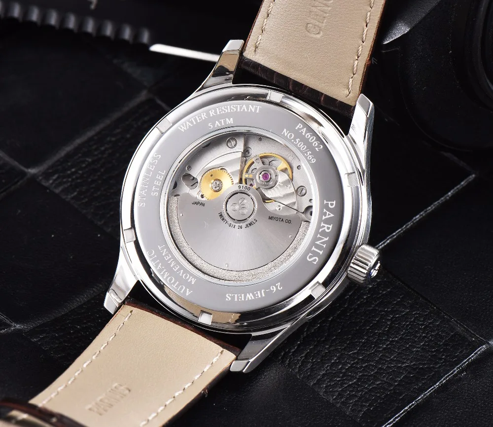 Мужские механические Автоматические часы Parnis коричневые с синими стрелками