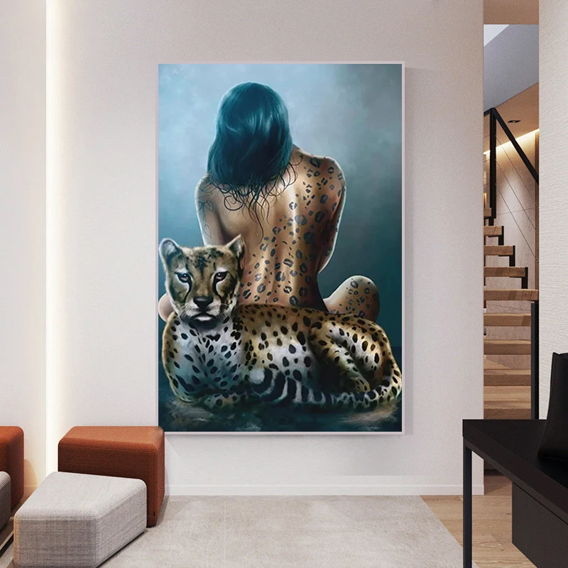 

African Women Figure Canvas Painting Sexy Women Portrait Print Leopard Animal Art Poster Wall Picture for Living Room Home Decor
