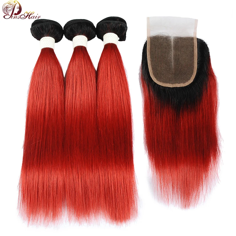 Омбре красные человеческие волосы пряди с закрытием бразильские плетение